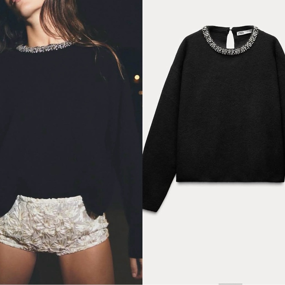 Zara Jewel Neck Black Knit Sweater Small EUC - Picture 4 of 13